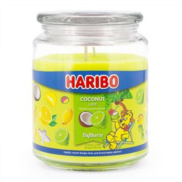  Scented candle with coconut and lemon fruit flavors, packaged in a glass jar with a colorful label.
