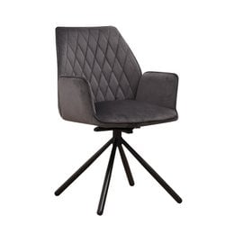 Anthracite gray velvet dining chair with diamond-tufted backrest and swivel base.