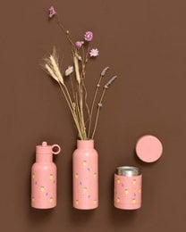 Thermosfless 500 ml Summer fruit bottle in a pink color with colorful fruit patterns. Made of durable material, suitable for hot and cold beverages.