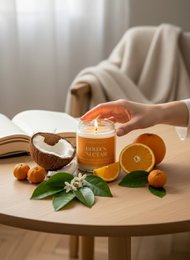  "Round orange scented candle, sweet orange and coconut fragrance, golden amber glass jar, cotton wood wick"