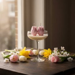  Pink tulip-shaped candle, decorative floral design, minimalist style, glass pedestal holder, scented candle.