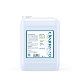 5-liter container of Cleaneroo surface cleaner. White plastic container with blue and green label. Cleaning agent for household surfaces.