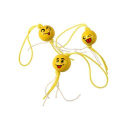 A set of colorful, yellow emoticon-themed gift tags or charms with smiling, expressive faces. The tags are connected by yellow strings or cords, creating a playful and whimsical display.