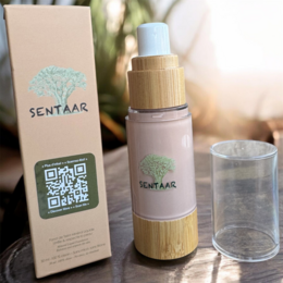  Liquid mineral foundation, light pink bottle, bamboo dispenser, natural SPF, complexion care