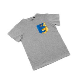 Gray kids t-shirt with graphic print of a cartoon character on the front pocket.