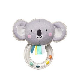 Soft, plush koala rattle toy with colorful rings for baby to grasp and play. Features a round, gray koala face with large ears and a smiling expression.