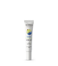  A 15ml tube of MOSSA ACT Spot Treatment, a face treatment product for acne. The tube has a white and blue color scheme with the MOSSA logo prominently displayed.