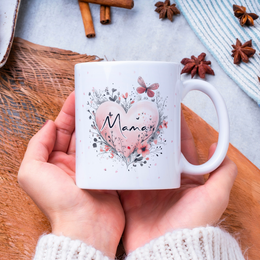 Boho-style mug with affirmation text "never stop dreaming" and floral print design. Ceramic material, suitable for hot beverages.