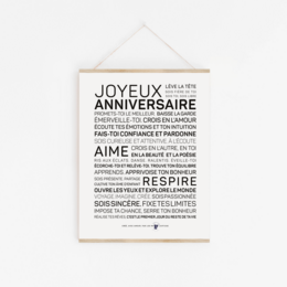Poster with the text "Joyeux Anniversaire" (Happy Birthday in French) in a minimalist, typographic design. The poster features a simple, clean layout with the birthday message in a bold, sans-serif font. The poster is suitable for a variety of birthday celebrations and can be used to decorate a room or given as a gift.