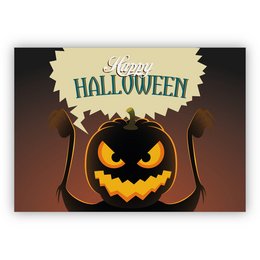 Spooky Halloween card with a carved pumpkin and text "Happy Halloween"
colors: orange, black, yellow
style: Halloween, spooky, festive
shape: rectangular card
text: "Happy Halloween"
objects: carved pumpkin, bat silhouette