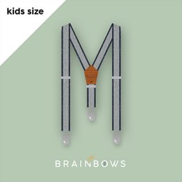 Adjustable kids suspenders in navy blue with orange leather accent, suitable for ages 4-12 years.