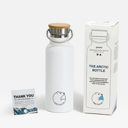 Insulated and reusable white water flask with a stainless steel lid and a capacity of 500ml, 750ml, or 1000ml. The flask is designed for outdoor activities and features a sleek, minimalist style.