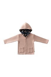 A reversible hooded jacket for kids, featuring a rainbow unicorn print on one side and a solid neutral color on the other. Available in sizes from 3-6 months to 4-5 years.