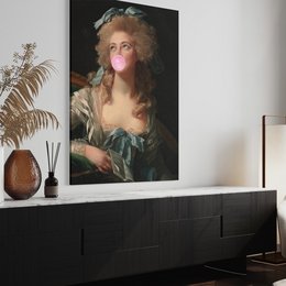 Vibrant wall art featuring a woman with curly hair and a bubble gum bubble, available in multiple sizes.