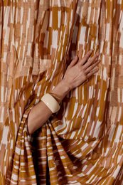 Pecan pie brown striped pattern fabric, warm earth tones, flowing drape, women's dress material.
