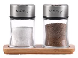 Set of 2 glass salt and pepper shakers with stainless steel lids and wooden tray. Shakers have a classic, modern design.