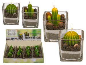 Kaars in glas, Cactus met zand- en steendeco,