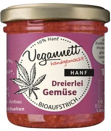 Three types of organic hemp vegetable spread in a 135g or 270g jar. The spread contains hemp, bioaustrich, and a variety of vegetables. The product is vegan and suitable for a plant-based diet.