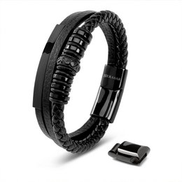 Black leather bracelet with metal accents, available in 3 lengths.