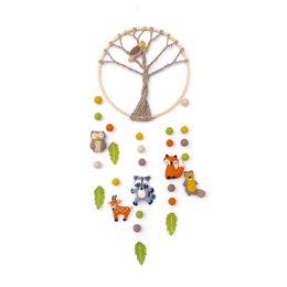 Decorative wall hanging with a dreamcatcher-style tree design, featuring woodland animal figures and natural elements like leaves and flowers.