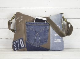 Sunsa Bæredygtig Skuldertaske til kvinder. Skuldertaske lavet af genbrugte jeans & canvas (canvas). Håndtaske i vintage retro stil. Crossbody taske til kvinder.