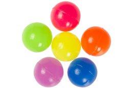 "Neon bouncy balls 32mm, bright colors: pink, green, yellow, orange, purple, blue. Round rubber balls for play."