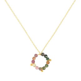 "Colorful gemstone pendant necklace with 'I CHOOSE HAPPINESS' text on a gold chain."