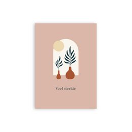 A6 greeting card with the text "Good luck" and a minimalist illustration of plants and a sun.