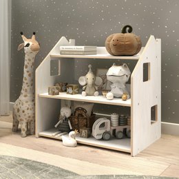  White and gray toy shelf with 3 open shelves for storing books, toys, and other children's items. Compact size suitable for kids' rooms.