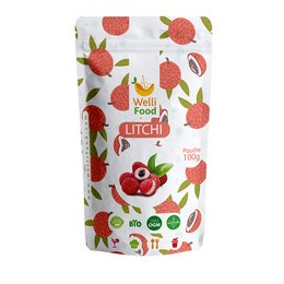 Lychee powder (pulp) 100g, a superfood product with a vibrant red color and a sweet, tropical flavor. The packaging features illustrations of lychee fruits.