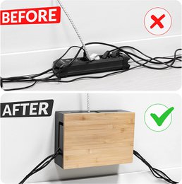 A black cable management box with a wooden top. The box has features like cable clips, a magnetic strip, and a cable organizer to help manage and conceal cables.