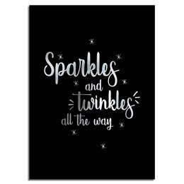 Festive Christmas wall art with silver foil text and stars on a black background, available in various sizes and framing options.