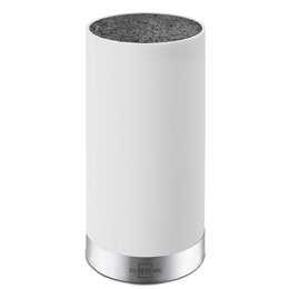 White knife block made of recycled plastic with stainless steel ring, suitable for all knife types.