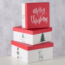  A set of three red and white gift boxes with Christmas-themed designs, including a "Merry Christmas" message and a pine tree and deer motif.