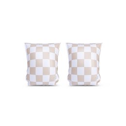  Inflatable arm bands for kids, available in 0/2 years and 2/6 years sizes, featuring a checkered pattern in beige and white colors.
