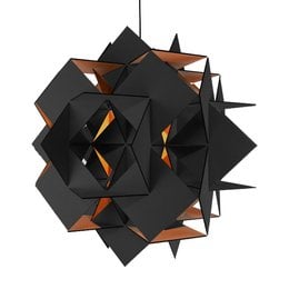 Hanging lamp Triangulus, a modern pendant lighting fixture with a geometric, triangular design in black and natural wood tones. The lamp features a unique, angular shape and comes in multiple size variants.
