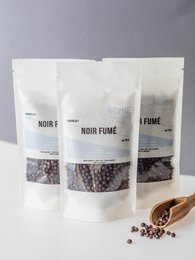 Organic smoked black pepper in resealable pouches. Whole peppercorns with a rich, smoky aroma and flavor.