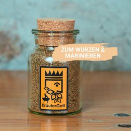 Herb mixture grill & cabbage seasoning in a glass jar with cork lid. Ideal for marinating and seasoning grilled meats and vegetables. Contains a blend of herbs and spices.