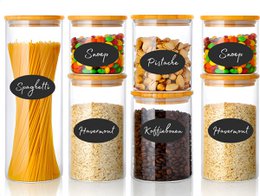  Set of 7 glass storage jars with bamboo lids, rewritable stickers, and various capacities from 600 ml to 1900 ml. Ideal for storing pasta, rice, nuts, and other dry goods.