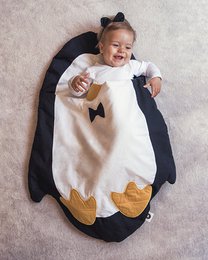  Soft, cozy penguin-themed baby sleeping bag in black, white, and yellow colors with a bow tie design.