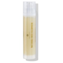 Natural face cleanser in a clear bottle with a white label. Gentle, effective formula for cleansing and nourishing the skin.
