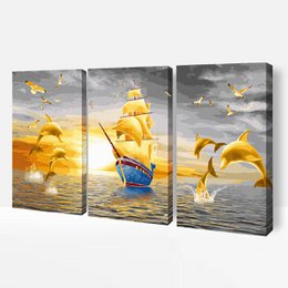  Golden dolphins jumping in ocean, paint by numbers craft kit with colorful beads and brushes included.