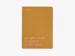 Notebook with the text "people i want to punch in the face" printed on the cover. The notebook has a simple, minimalist design with a solid orange cover.