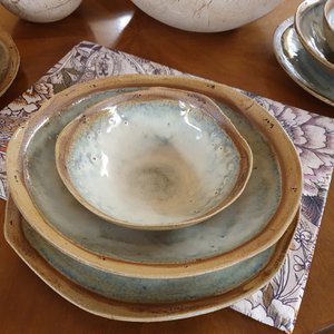 Soup plate approx. 20 cm, crockery, handwork, stoneware, unique, plate, creamy white, matt