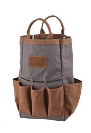 A sturdy, waterproof bag designed to hold up to 8 gardening tools. The bag features a gray canvas body with brown leather accents and multiple pockets for convenient storage.