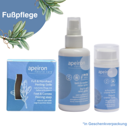  Foot care set containing moisturizing cream and spray in a natural, eco-friendly packaging.