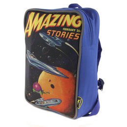  A blue backpack with a retro-style comic book cover design featuring a rocket ship and the text "Amazing Stories". The backpack appears to be made of a durable material and has adjustable straps for comfortable carrying.