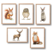 5 Dierenposters bosdieren - A4 - babykamer kinderkamer - kraamcadeau - wanddecoratie - handgeschilderd door Mies met aquarel