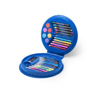 Set van 14 stuks met gum, puntenslijper, krijt en houten potlood, stiften, aquarelverf en penseel.