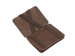 Brown leather wallet with RFID protection, featuring multiple card slots and compartments for cash and coins.